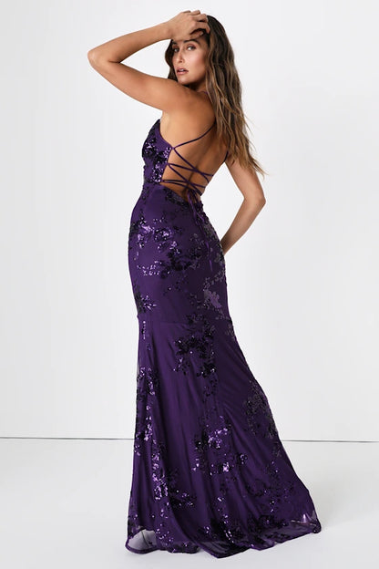 Purple Sequin Floral Lace-Up Back Mermaid Maxi Prom Dress
