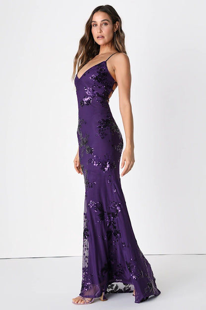 Purple Sequin Floral Lace-Up Back Mermaid Maxi Prom Dress