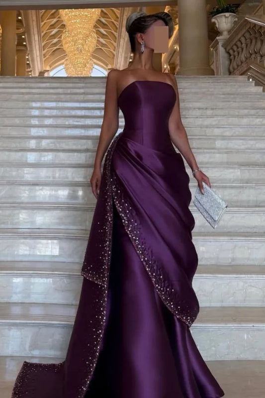 Purple Strapless Corset Lace Up Draped Satin Beaded Mermaid Long Formal Evening Prom Dress