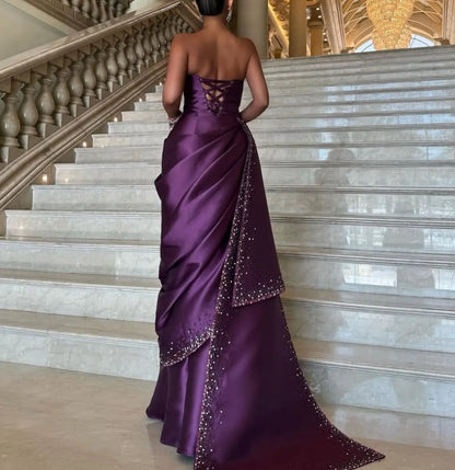 Purple Strapless Corset Lace Up Draped Satin Beaded Mermaid Long Formal Evening Prom Dress