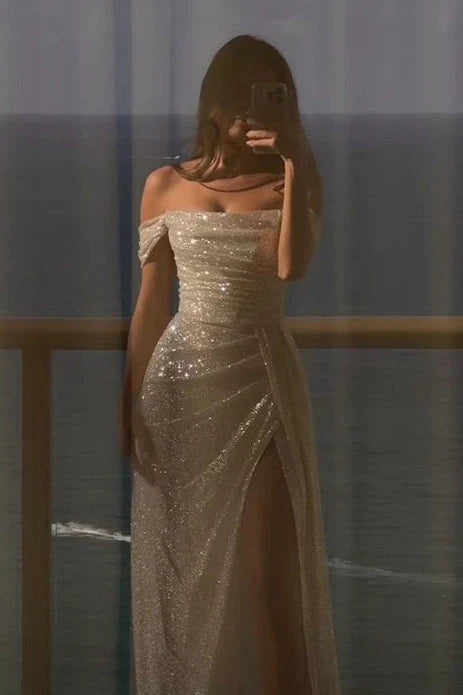 Radiant A-Line Off-Shoulder Sleeveless Ruched Slit Champagne Long Prom Dresses Women