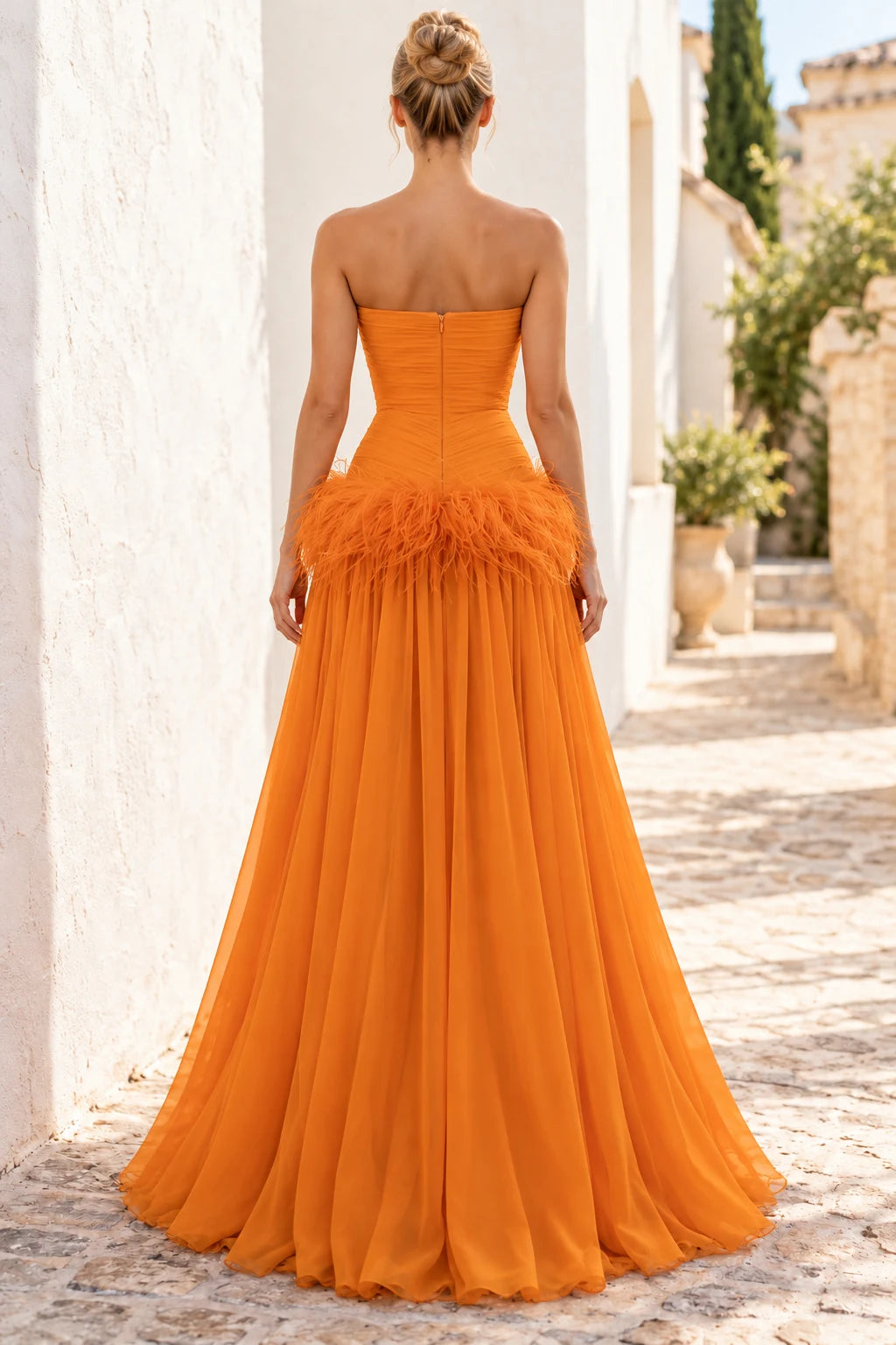 Radiant A-Line Strapless Sleeveless Feather Ruched Orange Maxi Prom Dresses Women
