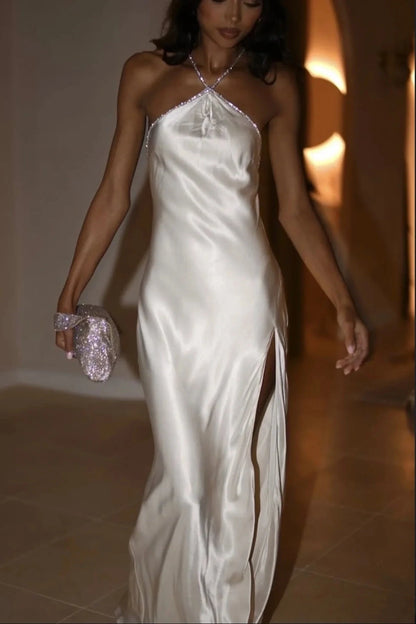 Radiant Sheath Halter Sleeveless Backless Slit Ivory Maxi Prom Dresses Women