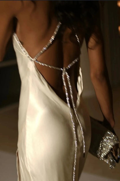 Radiant Sheath Halter Sleeveless Backless Slit Ivory Maxi Prom Dresses Women