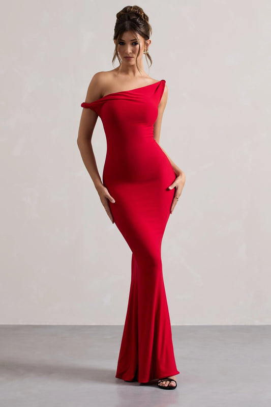 Red Asymmetric Off Shoulder Twist Detail Mermaid Floor Length Prom Dress