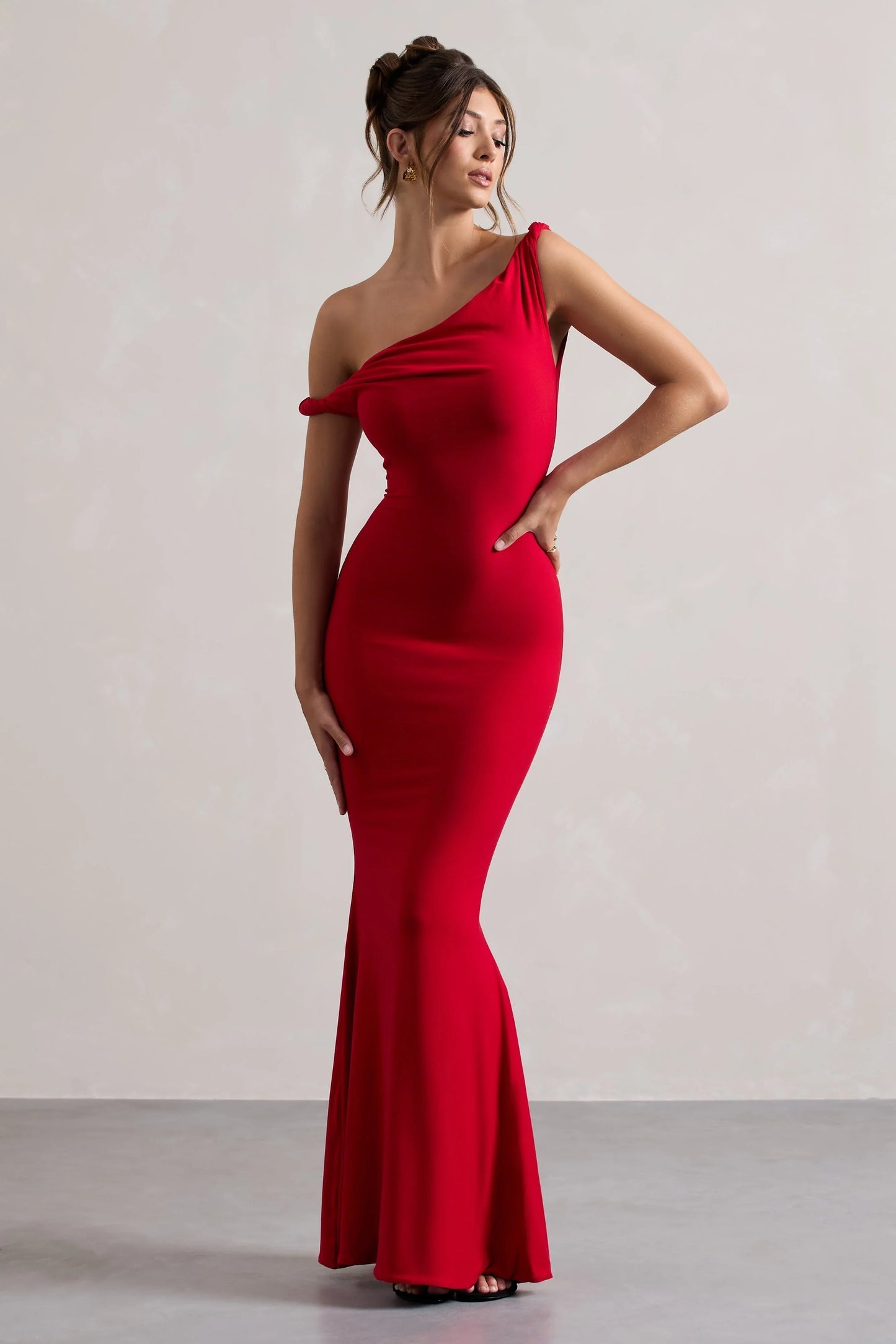 Red Asymmetric Off Shoulder Twist Detail Mermaid Floor Length Prom Dress