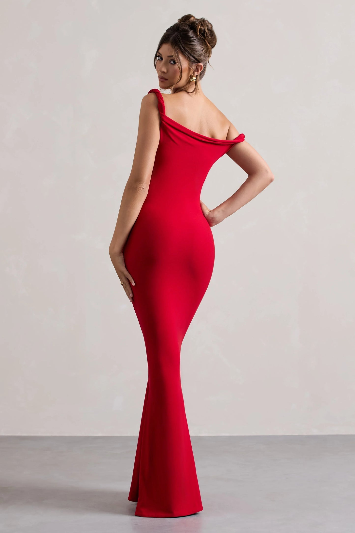 Red Asymmetric Off Shoulder Twist Detail Mermaid Floor Length Prom Dress
