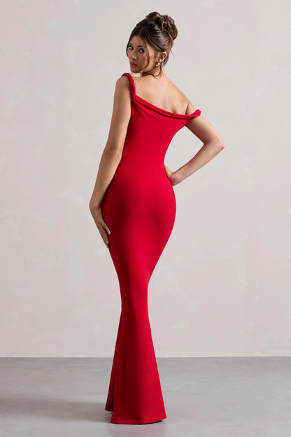Red Asymmetric Off Shoulder Twist Detail Mermaid Floor Length Prom Dress