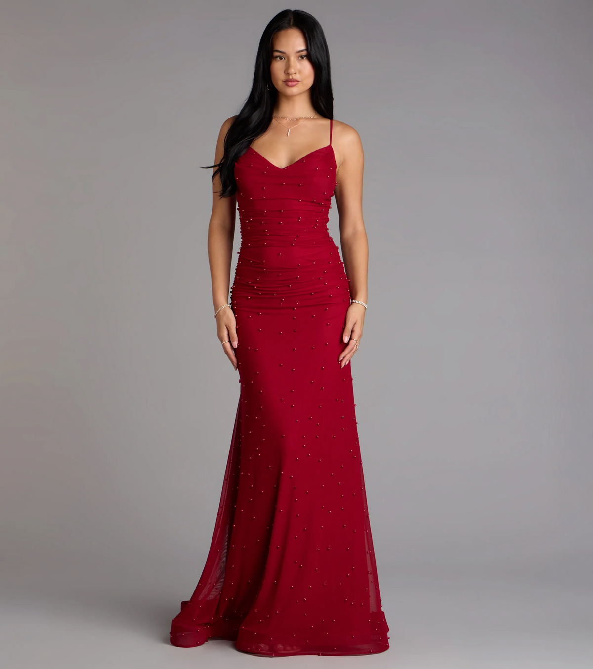 Red Beaded Mermaid V-Neck Spaghetti Straps Low Back Train Evening Dresses