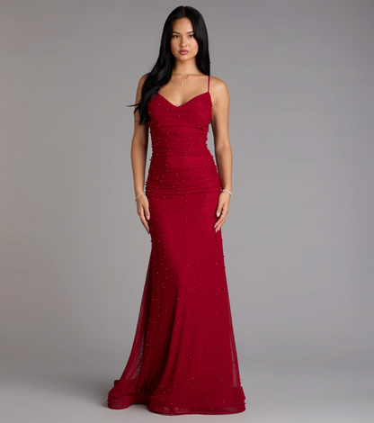 Red Beaded Mermaid V-Neck Spaghetti Straps Low Back Train Evening Dresses