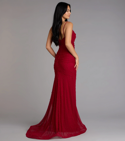 Red Beaded Mermaid V-Neck Spaghetti Straps Low Back Train Evening Dresses