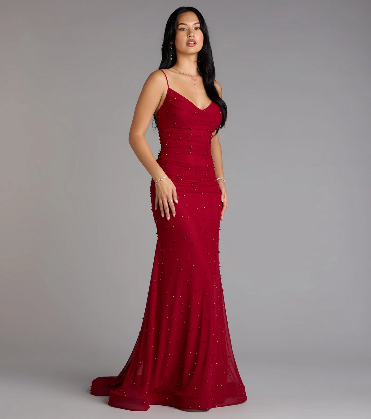 Red Beaded Mermaid V-Neck Spaghetti Straps Low Back Train Evening Dresses