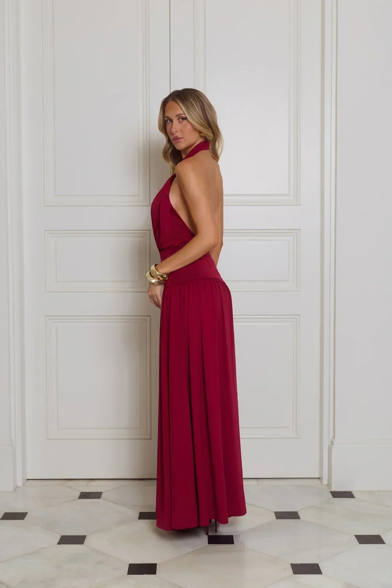 Red Halter Neck Open Back Ruched Waist Flowy Maxi With Slit Formal Evening Prom Dress