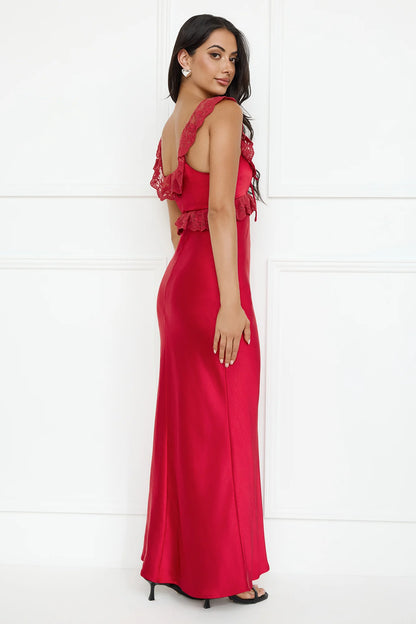 Red Maxi Evening Dresses with Square Neck Lace Ruffle Strap Bow Front Fitted Satin Skirt