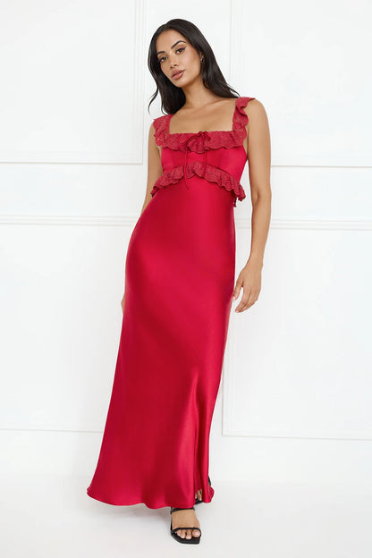 Red Maxi Evening Dresses with Square Neck Lace Ruffle Strap Bow Front Fitted Satin Skirt