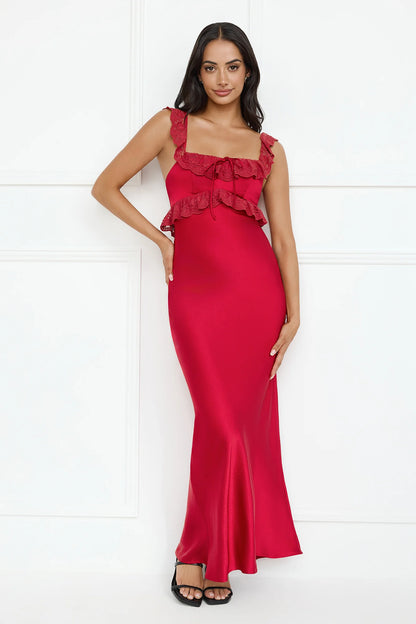 Red Maxi Evening Dresses with Square Neck Lace Ruffle Strap Bow Front Fitted Satin Skirt
