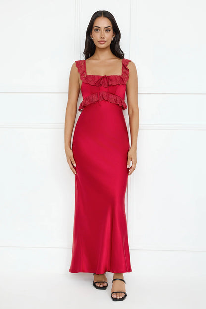 Red Maxi Evening Dresses with Square Neck Lace Ruffle Strap Bow Front Fitted Satin Skirt