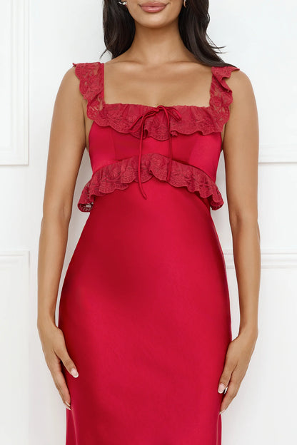 Red Maxi Evening Dresses with Square Neck Lace Ruffle Strap Bow Front Fitted Satin Skirt