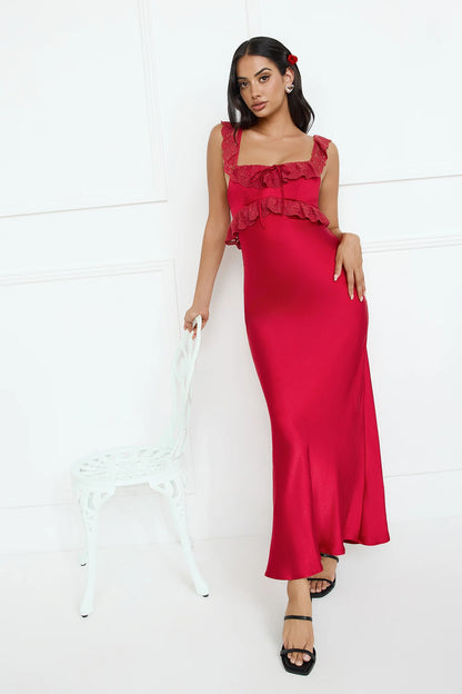 Red Maxi Evening Dresses with Square Neck Lace Ruffle Strap Bow Front Fitted Satin Skirt
