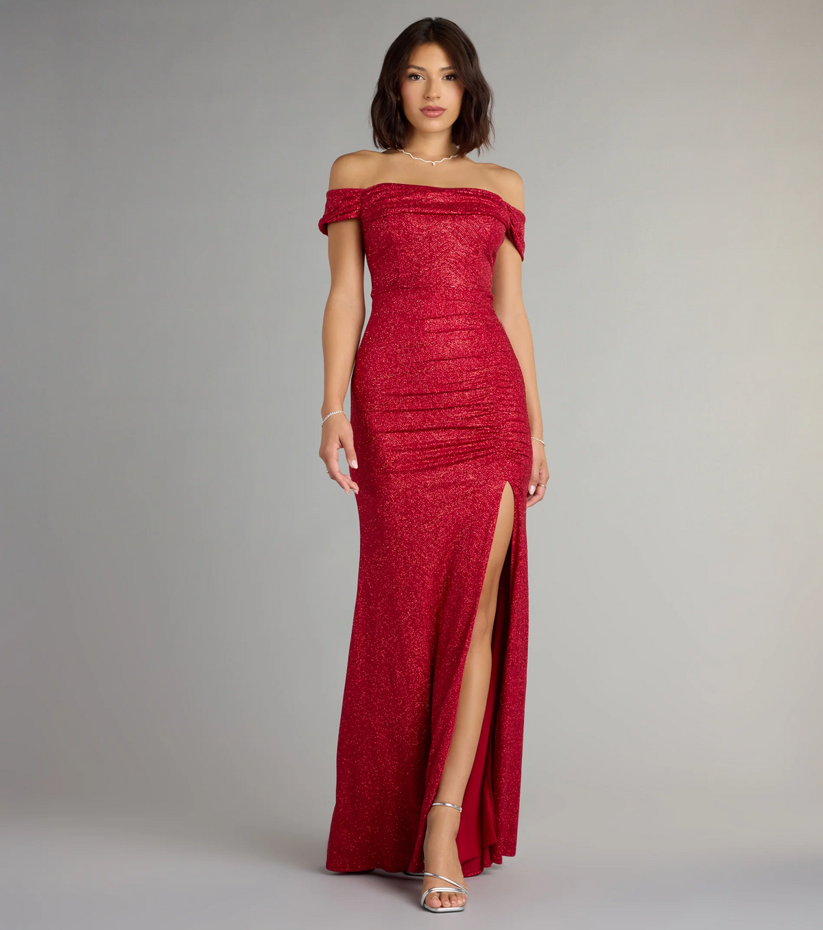 Red Mermaid Off Shoulder Short Sleeve Low Back Floor Length Evening Dresses