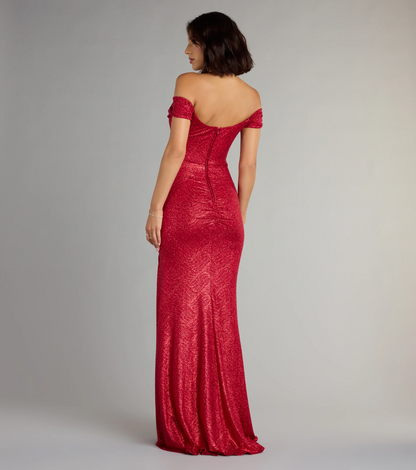 Red Mermaid Off Shoulder Short Sleeve Low Back Floor Length Evening Dresses