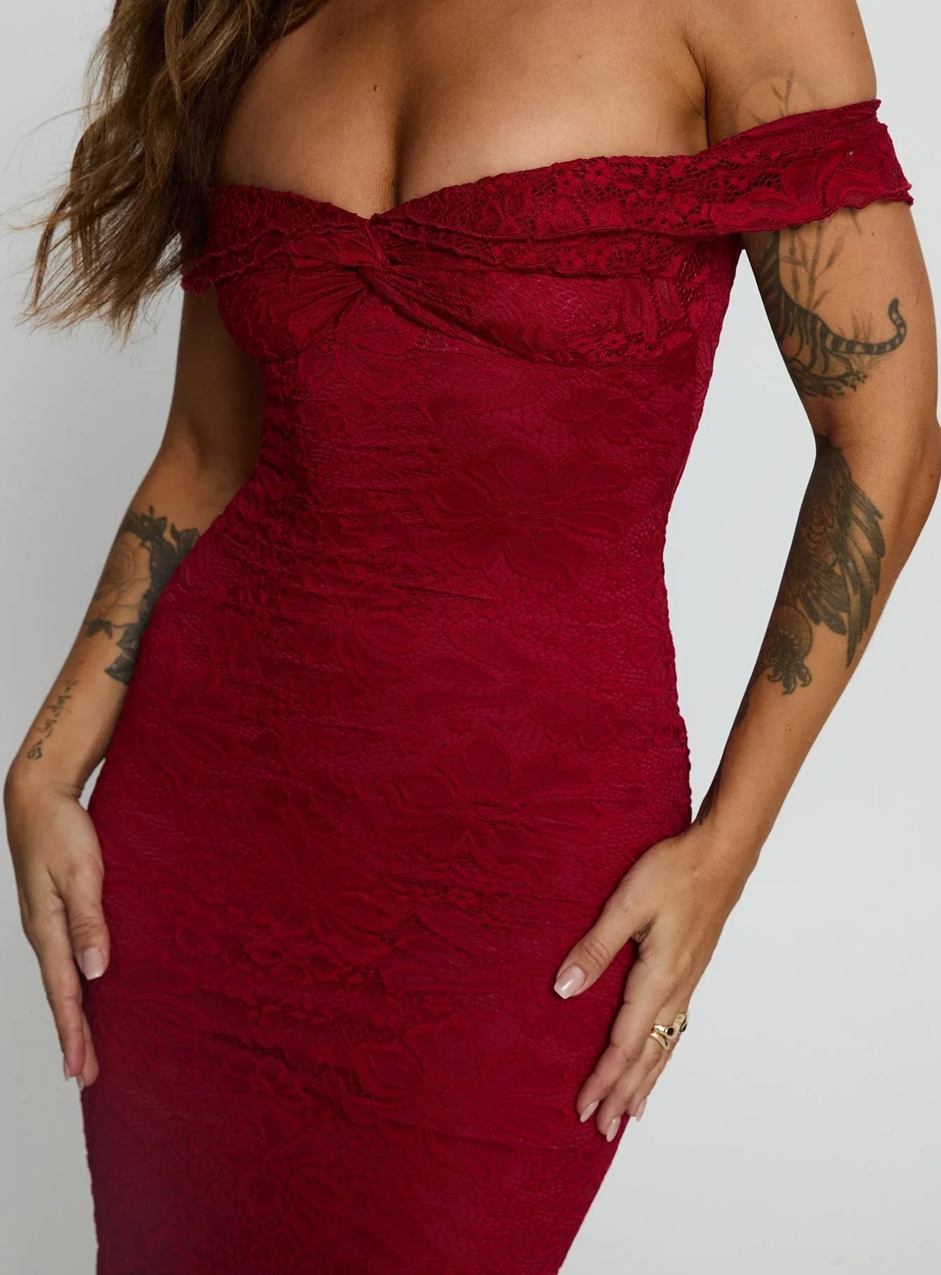 Red Off Shoulder Lace Prom Dress with Mermaid Silhouette for Formal Events and Prom Nights