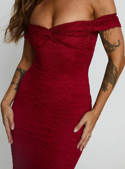 Red Off Shoulder Lace Prom Dress with Mermaid Silhouette for Formal Events and Prom Nights