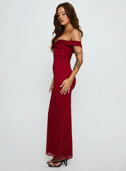 Red Off Shoulder Lace Prom Dress with Mermaid Silhouette for Formal Events and Prom Nights