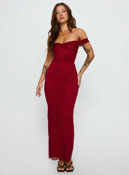 Red Off Shoulder Lace Prom Dress with Mermaid Silhouette for Formal Events and Prom Nights
