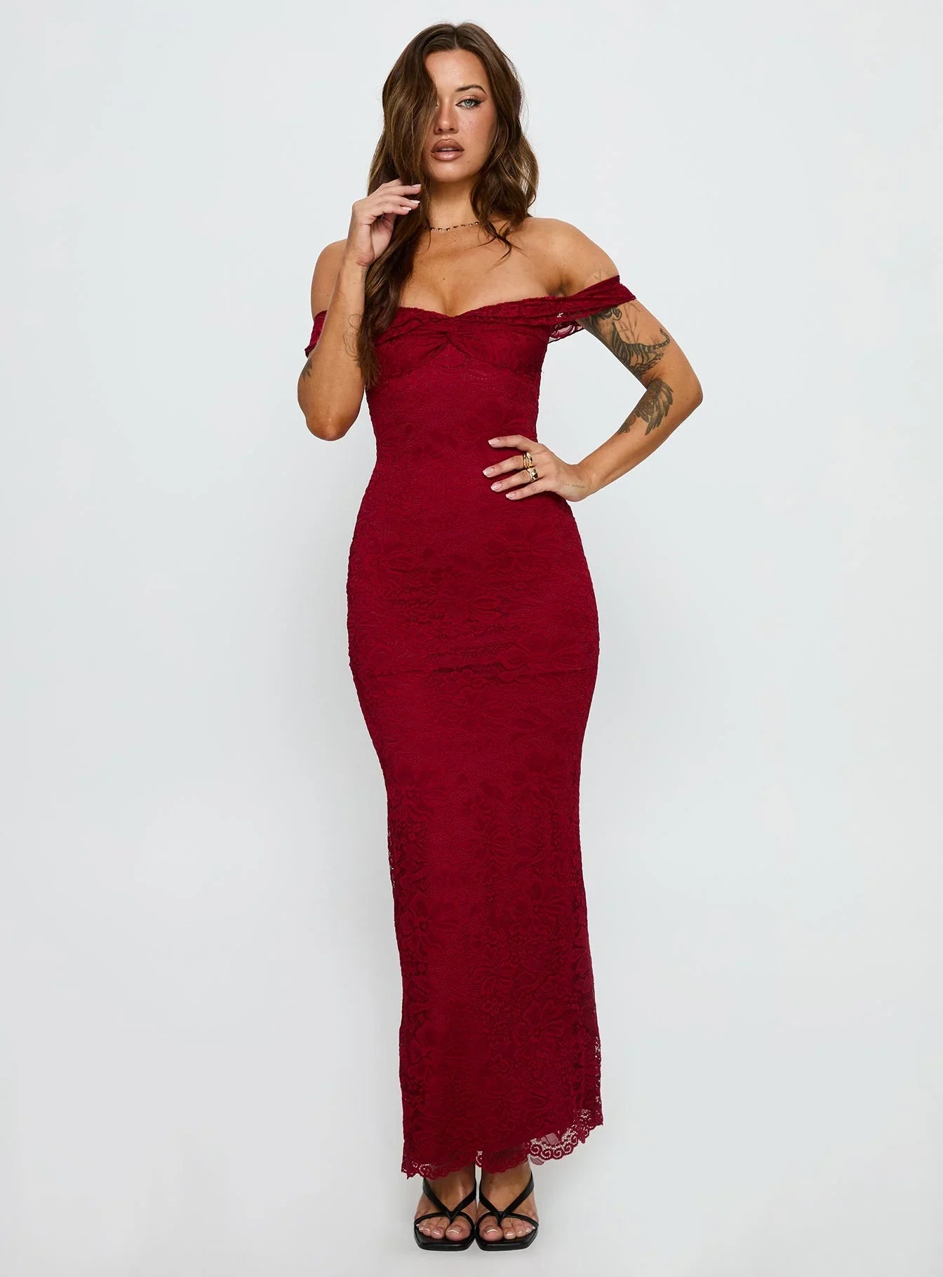 Red Off Shoulder Lace Prom Dress with Mermaid Silhouette for Formal Events and Prom Nights