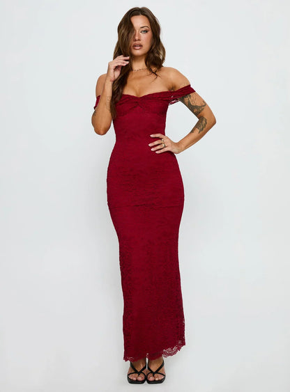 Red Off Shoulder Lace Prom Dress with Mermaid Silhouette for Formal Events and Prom Nights