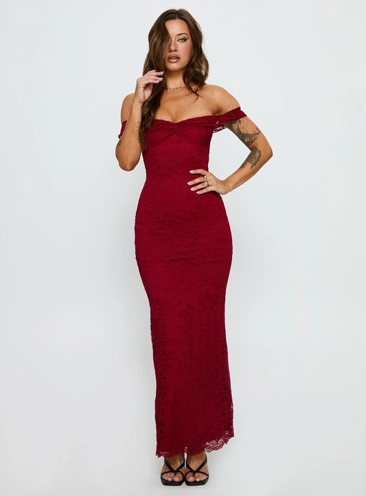 Red Off Shoulder Lace Prom Dress with Mermaid Silhouette for Formal Events and Prom Nights
