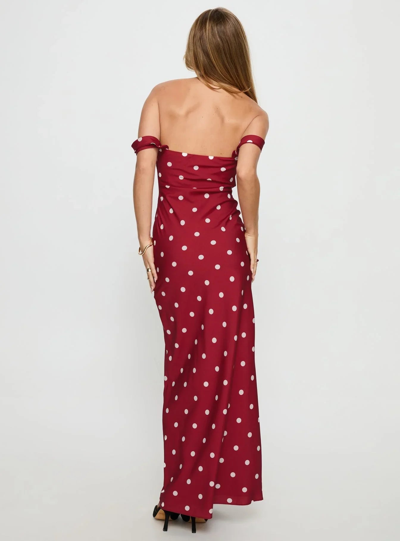 Red Off Shoulder Polka Dot Prom Dress with Form Fitting Silhouette for Formal Events and Prom Nights