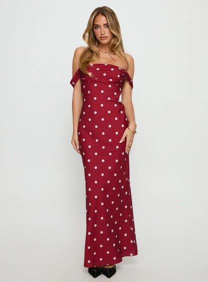 Red Off Shoulder Polka Dot Prom Dress with Form Fitting Silhouette for Formal Events and Prom Nights