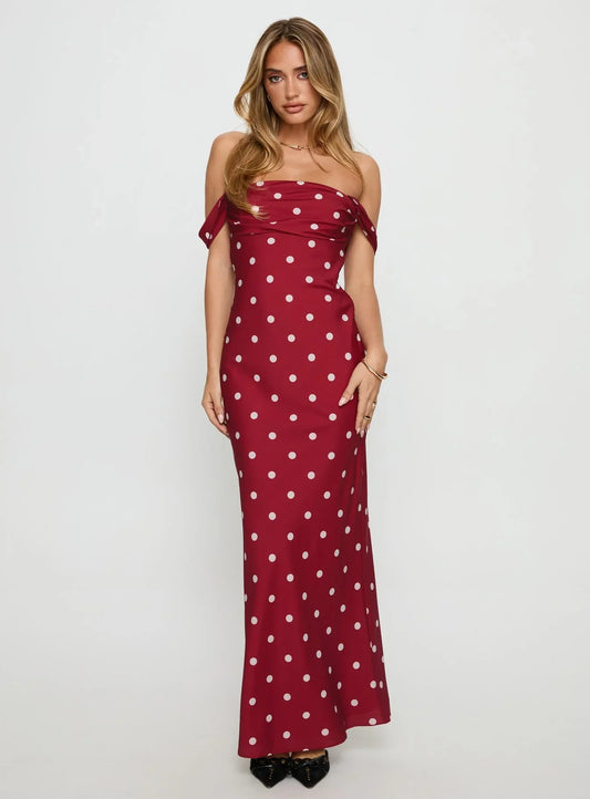 Red Off Shoulder Polka Dot Prom Dress with Form Fitting Silhouette for Formal Events and Prom Nights