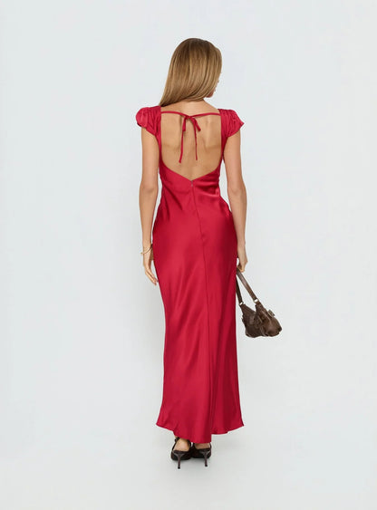 Red Satin Prom Dress with Puffed Cap Sleeves V Neckline and Tie Back Detail for Formal Events and Prom Nights