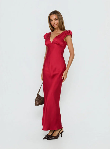 Red Satin Prom Dress with Puffed Cap Sleeves V Neckline and Tie Back Detail for Formal Events and Prom Nights