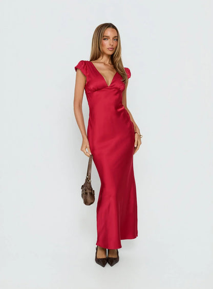 Red Satin Prom Dress with Puffed Cap Sleeves V Neckline and Tie Back Detail for Formal Events and Prom Nights