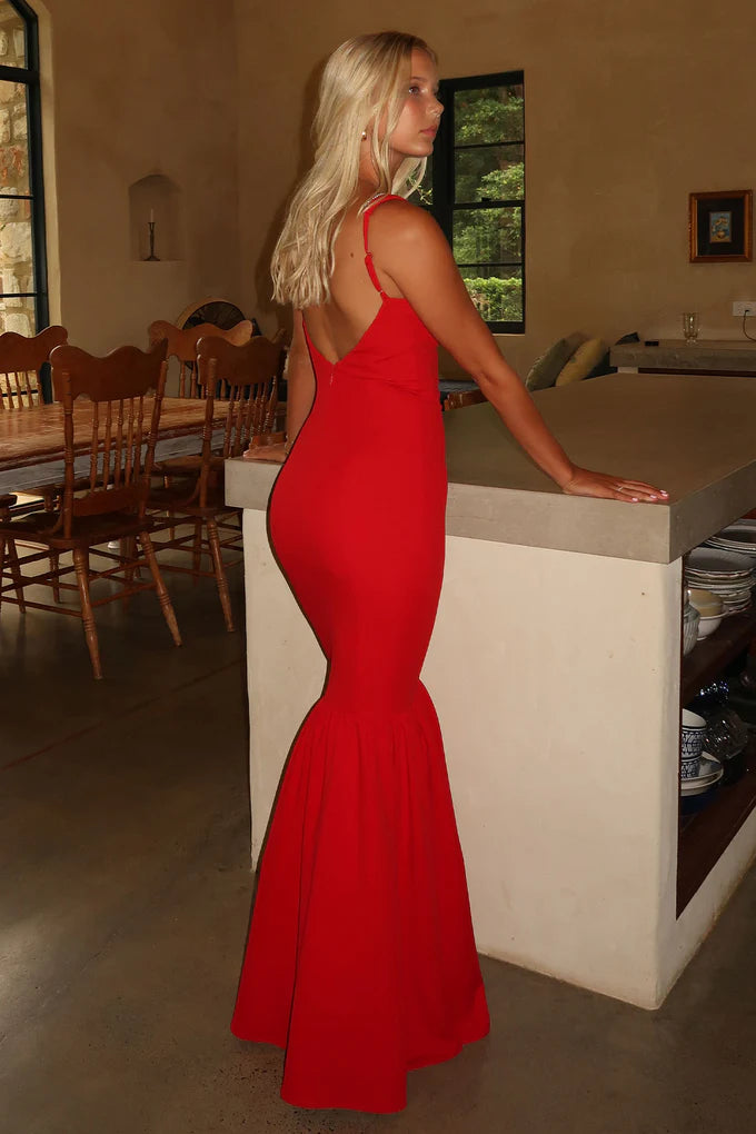 Red Satin V-Neck Ruched Side Slit Midi Prom Dresses for Party Wedding Formal Events
