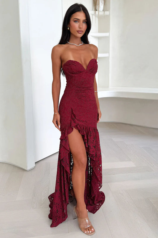 Red Sequined Lace Off-Shoulder Midi Prom Dress with Slit & Ruffled Hem