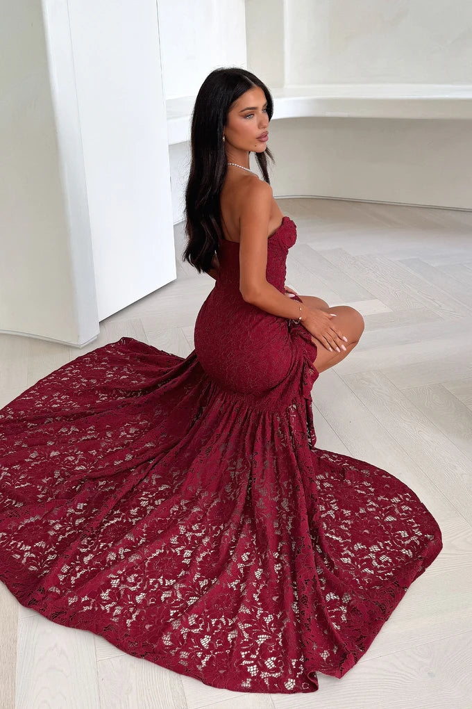 Red Sequined Lace Off-Shoulder Midi Prom Dress with Slit & Ruffled Hem