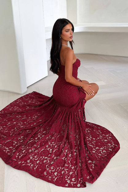 Red Sequined Lace Off-Shoulder Midi Prom Dress with Slit & Ruffled Hem