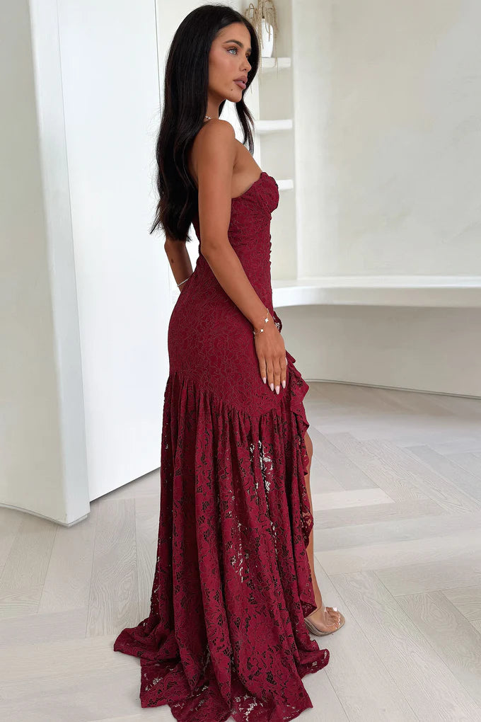 Red Sequined Lace Off-Shoulder Midi Prom Dress with Slit & Ruffled Hem