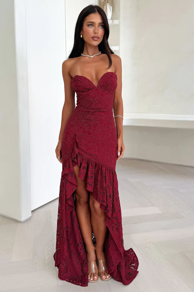 Red Sequined Lace Off-Shoulder Midi Prom Dress with Slit & Ruffled Hem