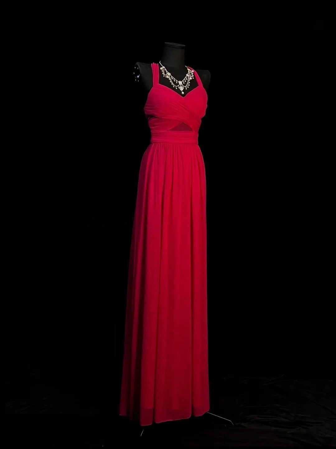 Red Spaghetti Strap Prom Dress With Crisscross Back And Mesh Waist Detail Chiffon Formal Prom Dress