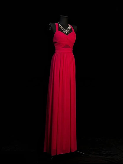 Red Spaghetti Strap Prom Dress With Crisscross Back And Mesh Waist Detail Chiffon Formal Prom Dress