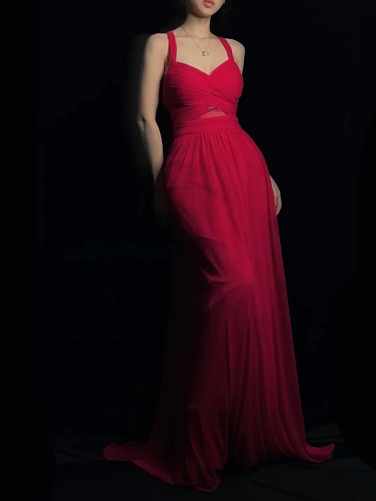 Red Spaghetti Strap Prom Dress With Crisscross Back And Mesh Waist Detail Chiffon Formal Prom Dress