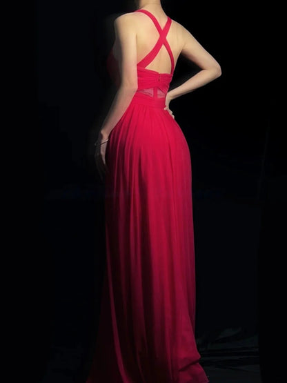 Red Spaghetti Strap Prom Dress With Crisscross Back And Mesh Waist Detail Chiffon Formal Prom Dress