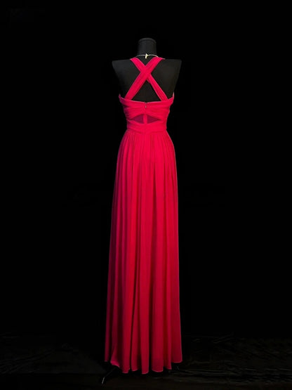 Red Spaghetti Strap Prom Dress With Crisscross Back And Mesh Waist Detail Chiffon Formal Prom Dress