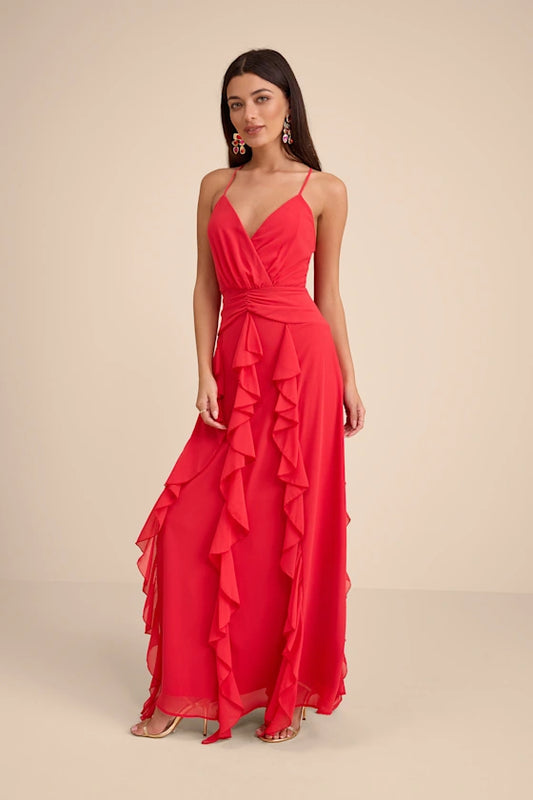 Red Spaghetti Strap Prom Dress With Surplice V Neck Cross Back And Tiered Ruffle Chiffon Formal Prom Dress
